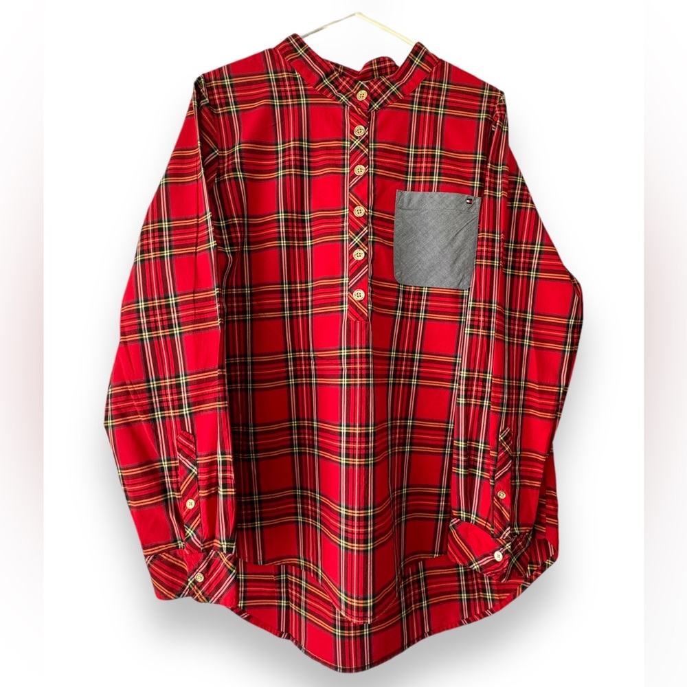 TOMMY HILFIGER Women Top Blouse Red Tartan Plaid XL Tunic Top Holidays Shirt